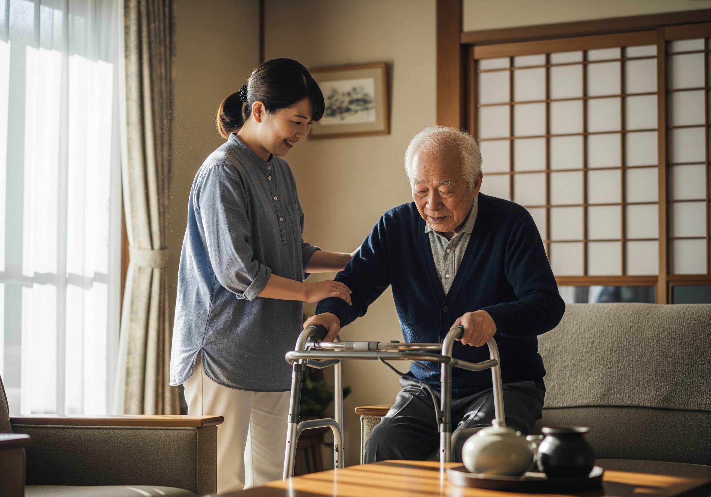ヘルパーが高齢者を支える様子