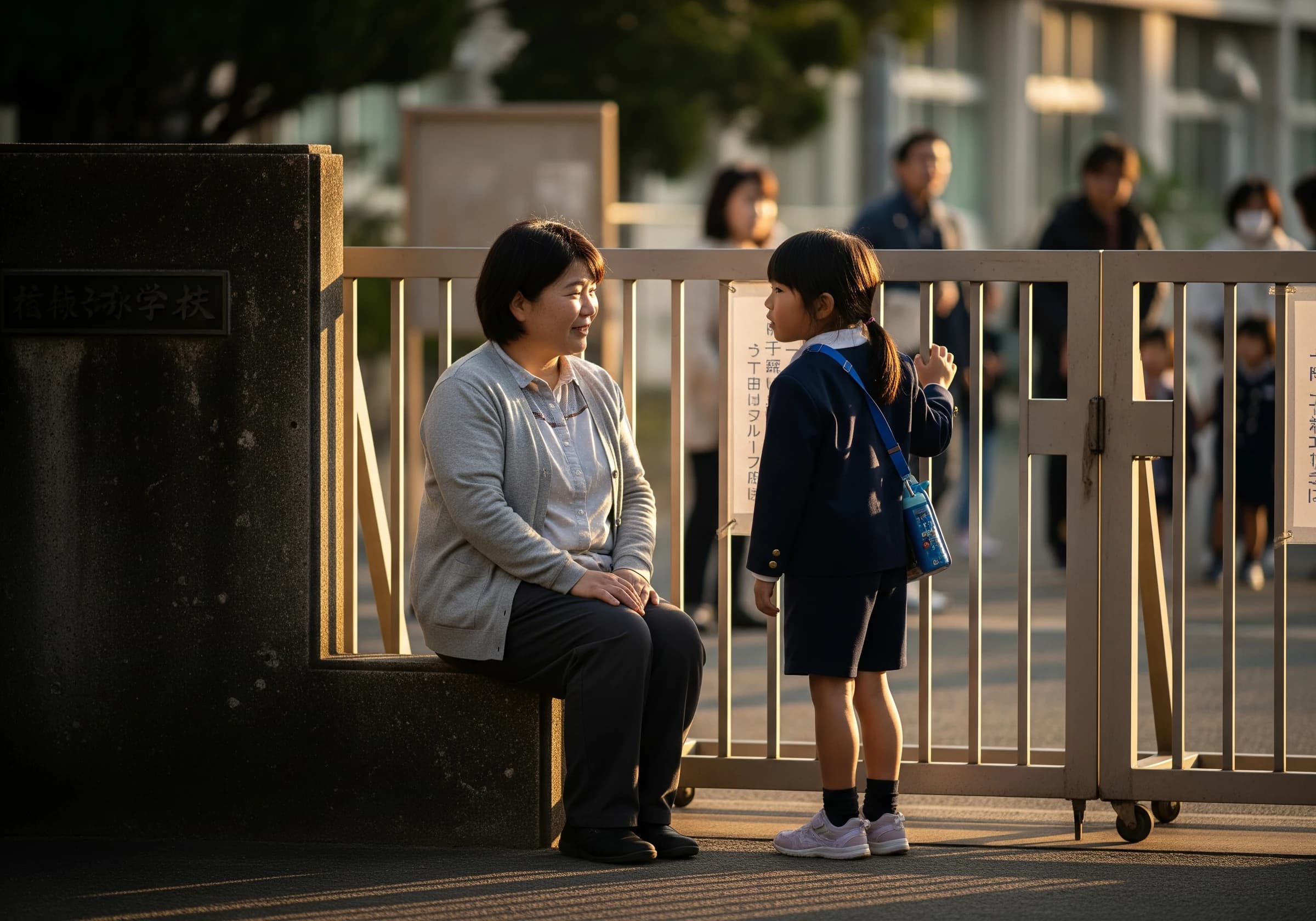 学校の門で子どもを待つスタッフ