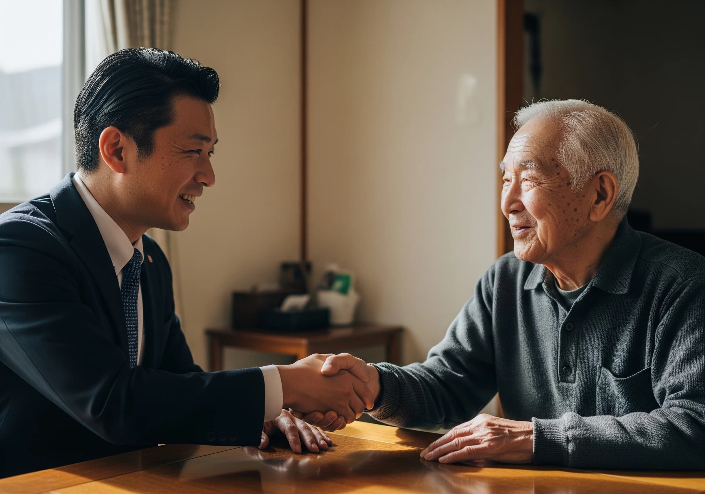 握手を交わす相談員と高齢者