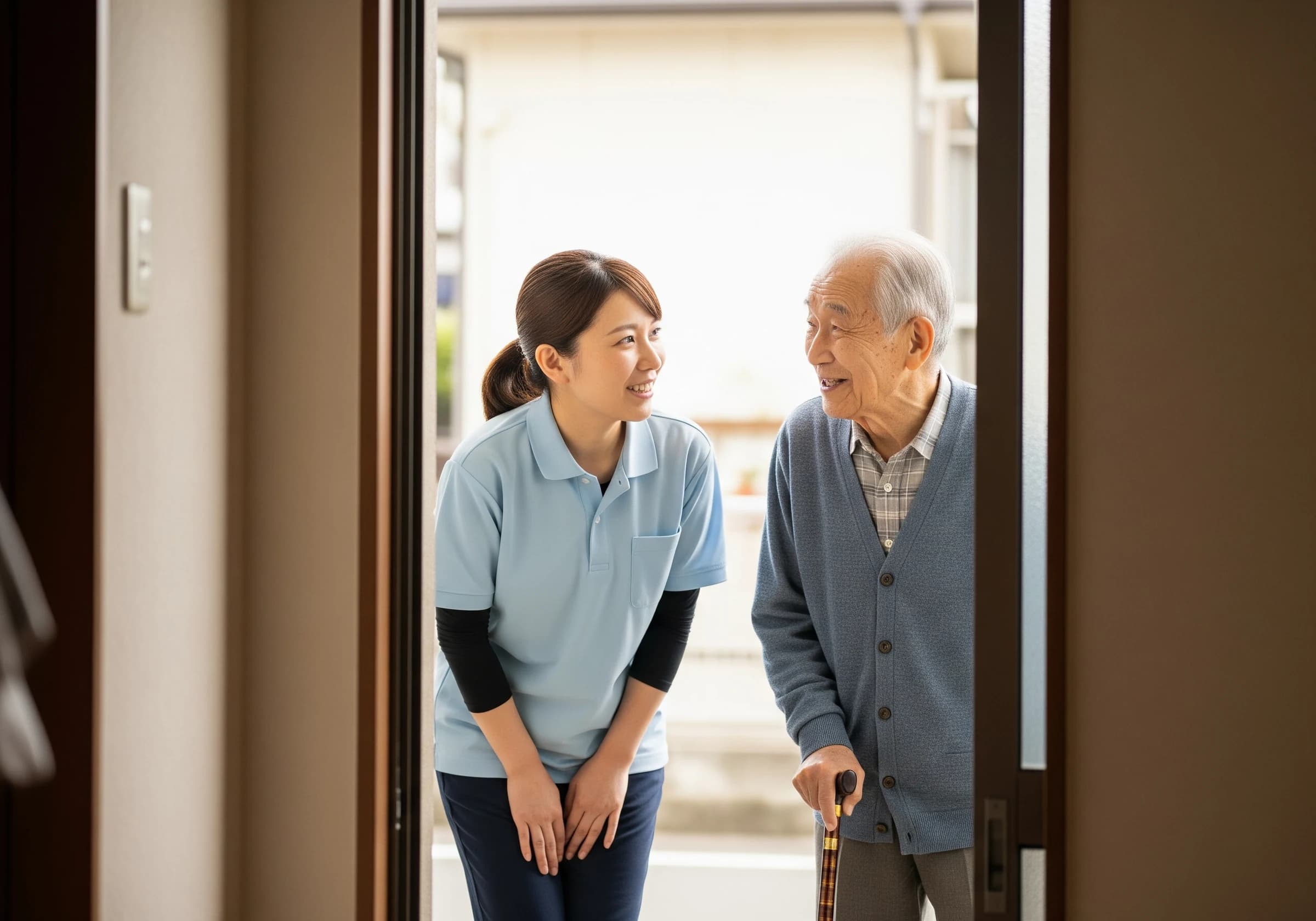 玄関先で高齢者と話すスタッフ