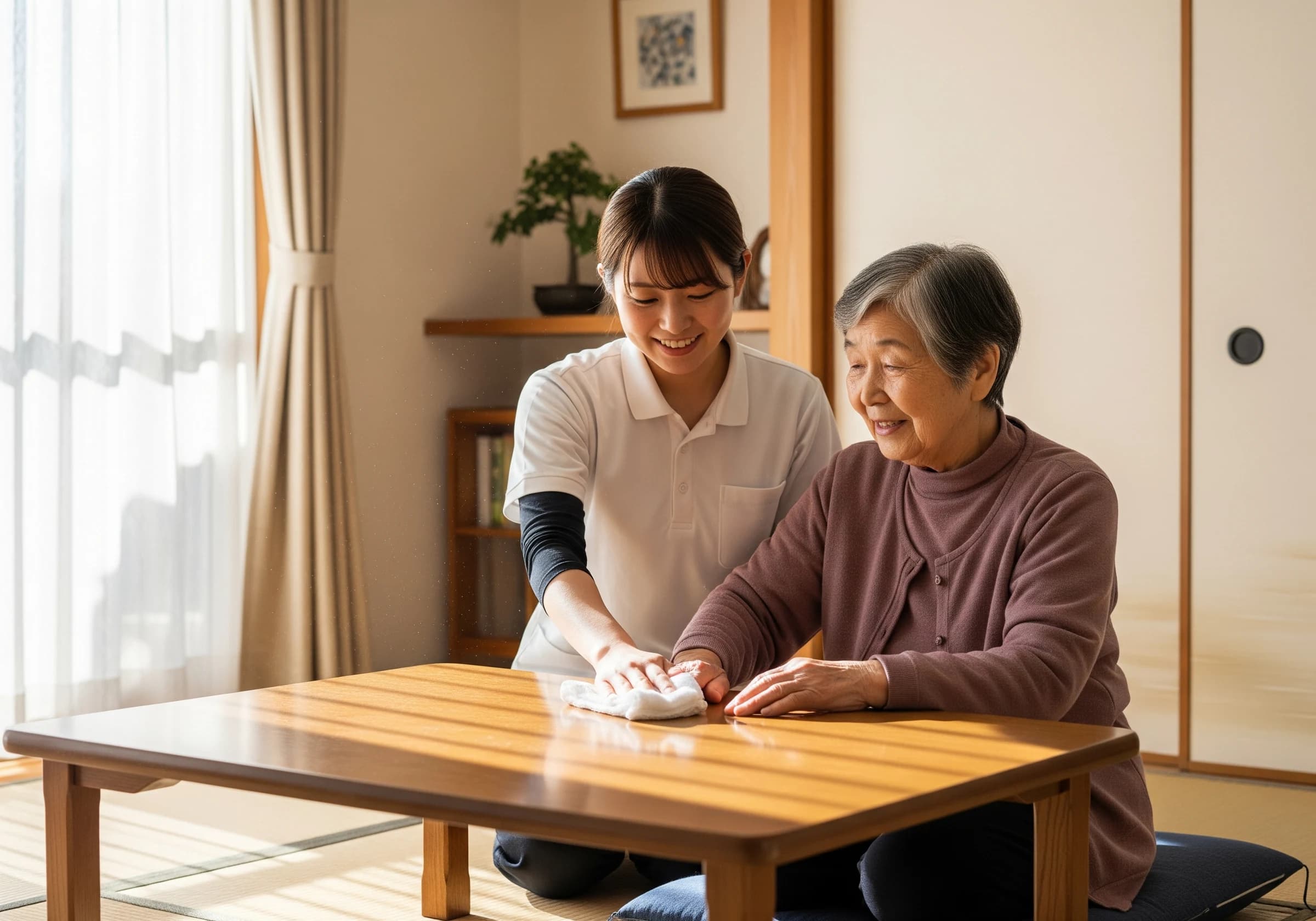 居間で家事を手伝うスタッフ