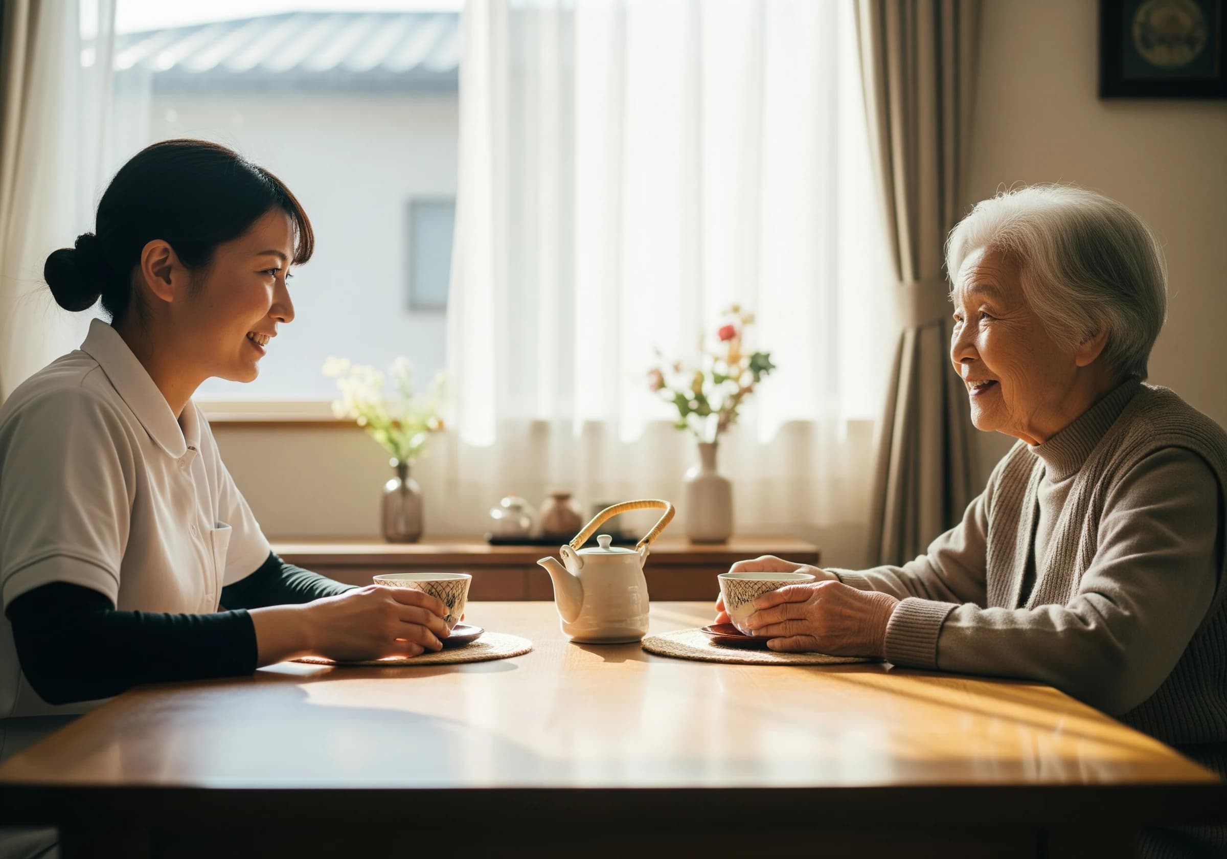 お茶を飲みながら会話するスタッフと高齢者