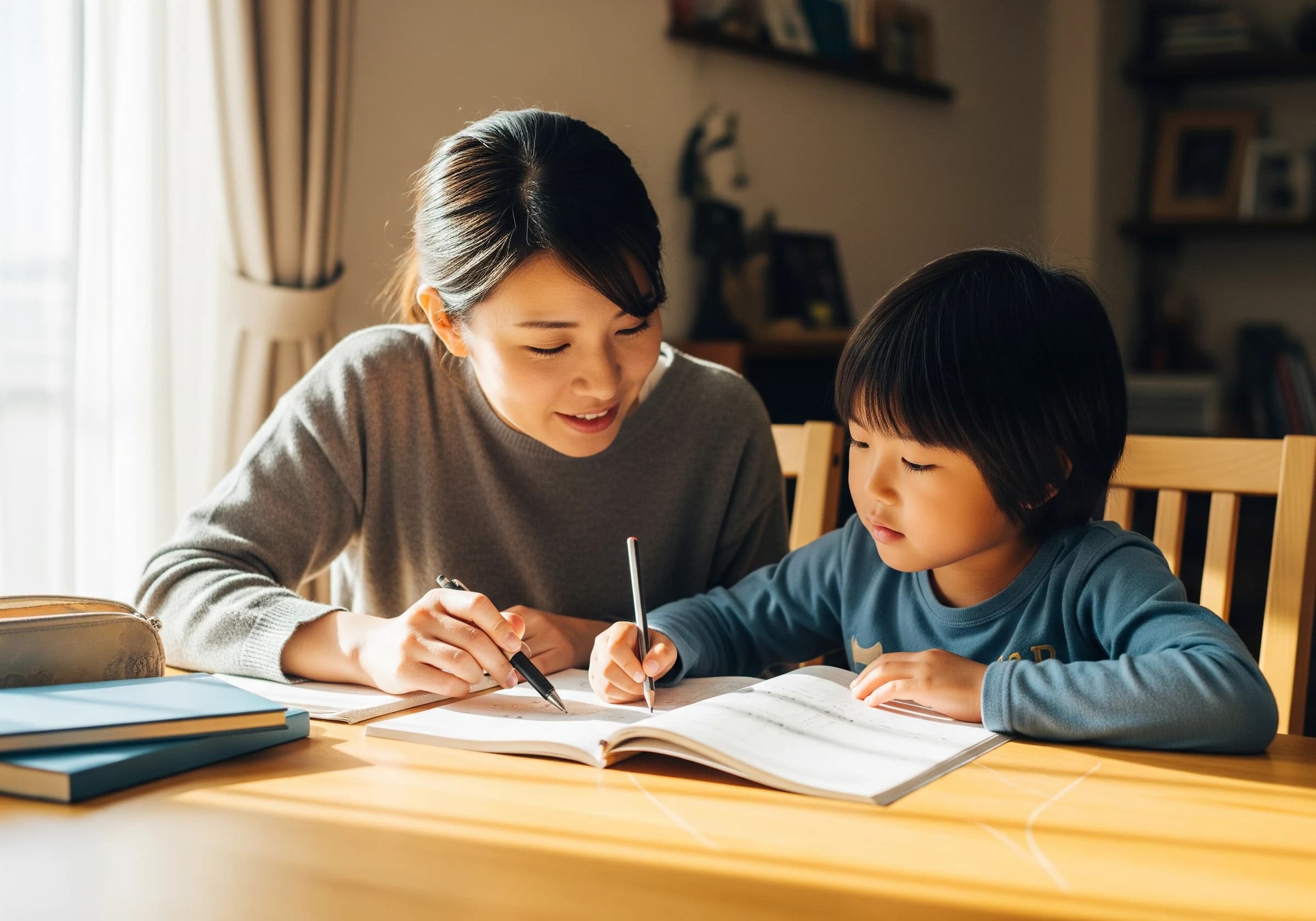 子どもと問題集を見るスタッフ
