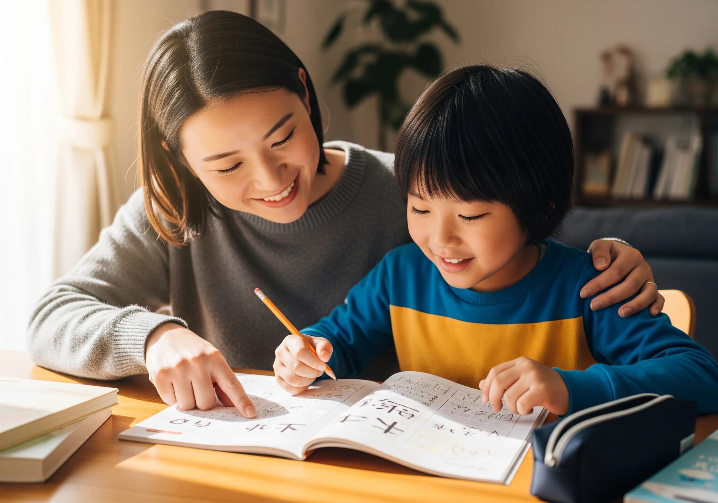 宿題を終えて笑顔の子どもとスタッフ